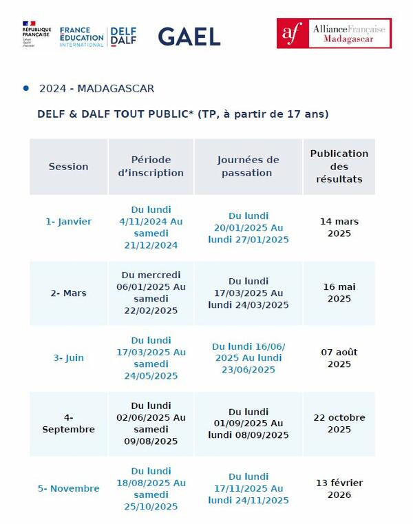 Calendrier DELF DALF 2025